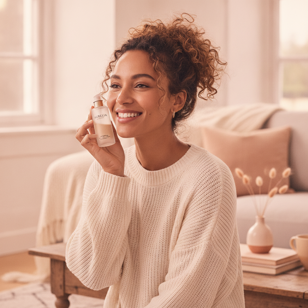 A diverse woman smiling, applying AURELIA product in a naturally lit home setting.