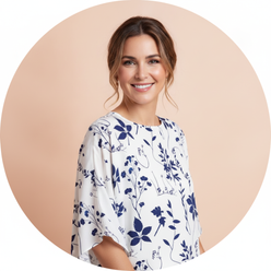 Clara Dubois, a smiling female influencer, in a circular portrait against a soft peach background, wearing an elegant top.
