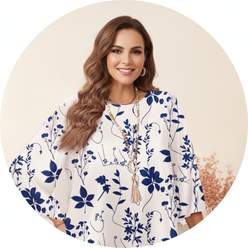 Aria Vance, an influencer, smiles confidently in a circular portrait, with a soft cream background.
