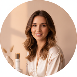 Portrait of Isabella Grant, a young woman with a warm smile, against a soft blush peach background.