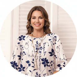 Sloane West, an influencer, smiles in a circular portrait from the shoulders up, against a clean, warm cream and blush peach 
