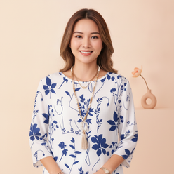 Studio portrait of Grace Chen, an East Asian woman with a minimalist aesthetic, smiling warmly against a warm cream backgroun