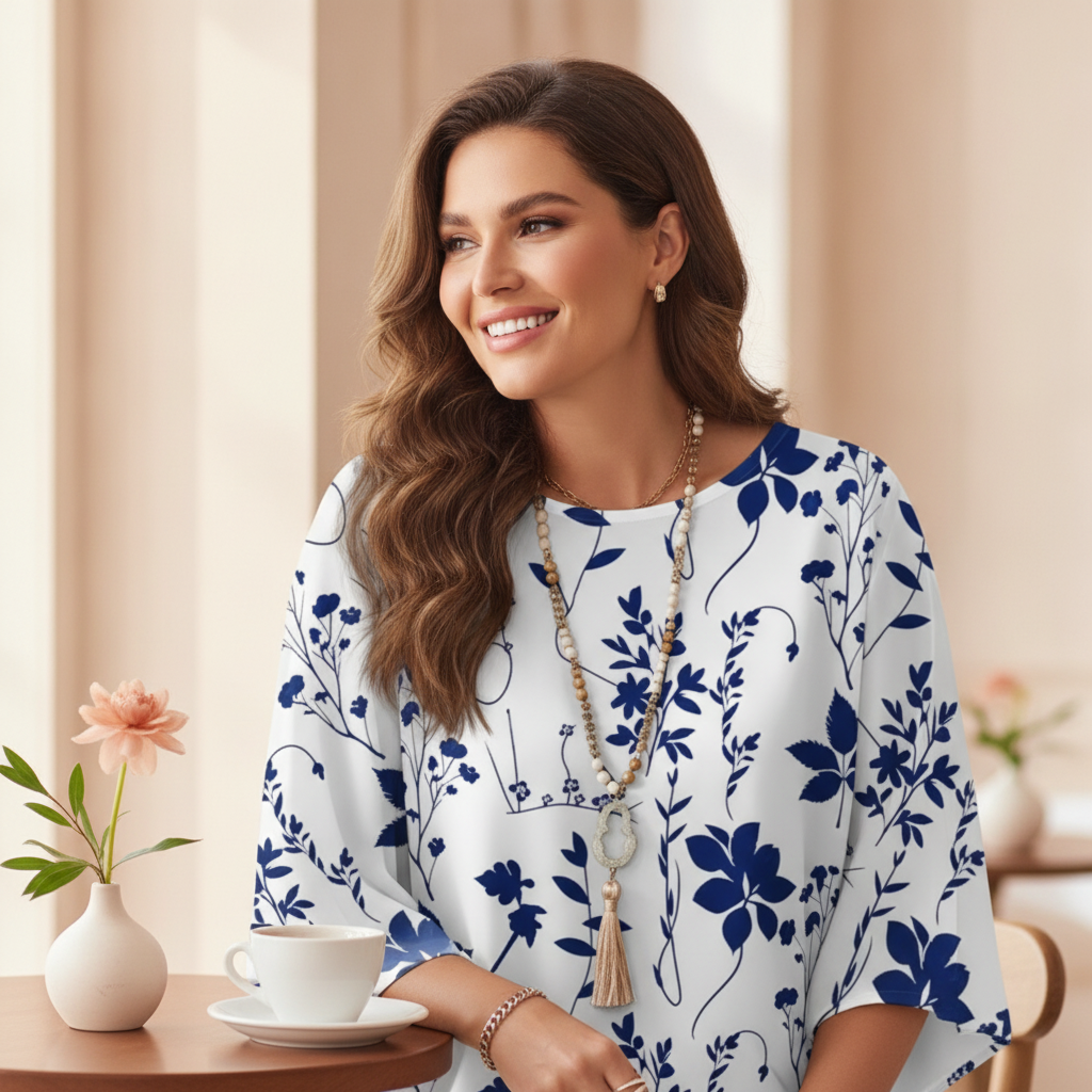 A diverse woman in her late 20s to early 30s, smiling candidly in a bright cafe, wearing the AURELIA top.