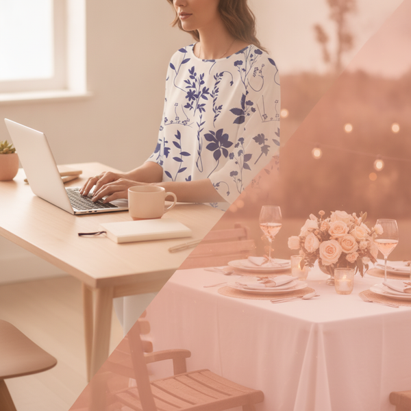 Woman in an AURELIA top transitions from a desk with a laptop to an outdoor dinner at sunset.